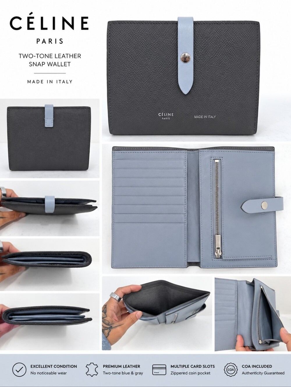 Céline Blue & Gray Two-Tone Leather Snap Wallet – COA Included